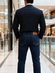 Nuevo 2025, ropa masculina de alta calidad, proceso de corte con cuchillo de lavado de agua, azul medio, azul claro, azul oscuro, jeans casuales de cintura media y recta, viajes de negocios casuales diarios, primavera, otoño e invierno, conferencias de negocios, esenciales - Azul oscuro lavado - Ver 4