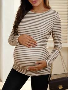 SHEIN Áo thun bà bầu cổ tròn dài tay kẻ sọc thường ngày cho con bú, mùa thu - Nhiều màu - Xem 6