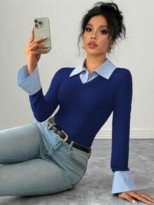 SHEIN PETITE 海軍藍與白色簡約時尚開學季秋季條紋拼接領口喇叭袖長袖針織T恤，通勤校園女款上衣，適合嬌小女性 - 寶藍色 - 查看 6