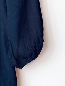 SHEIN LUNE CURVE Plus Size Solid Color Round Neck Pleated Casual Versatile Short Sleeve Shirt - Navy Blue - View 3
