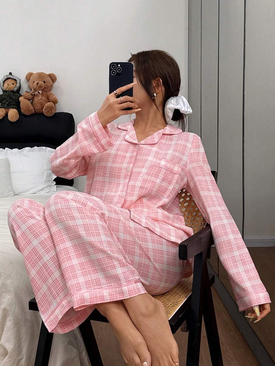 Pink Plaid Lapel Collar Top & Pants Pajama Set, Winter Clothes
