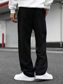Manfinity Roghcode 男士纯色抽绳腰带口袋休闲灯芯绒裤 男士运动裤 抽绳男士黑色裤子 黑色宽松运动裤 街头风裤子 宽松运动裤，冬季款 - 黑色 - 查看 2