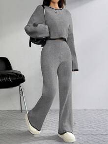 SHEIN 2pcs Teen Girl Casual Comfortable Matching Sweater & Pants Set, Contrast Color Trim - Grey - View 7