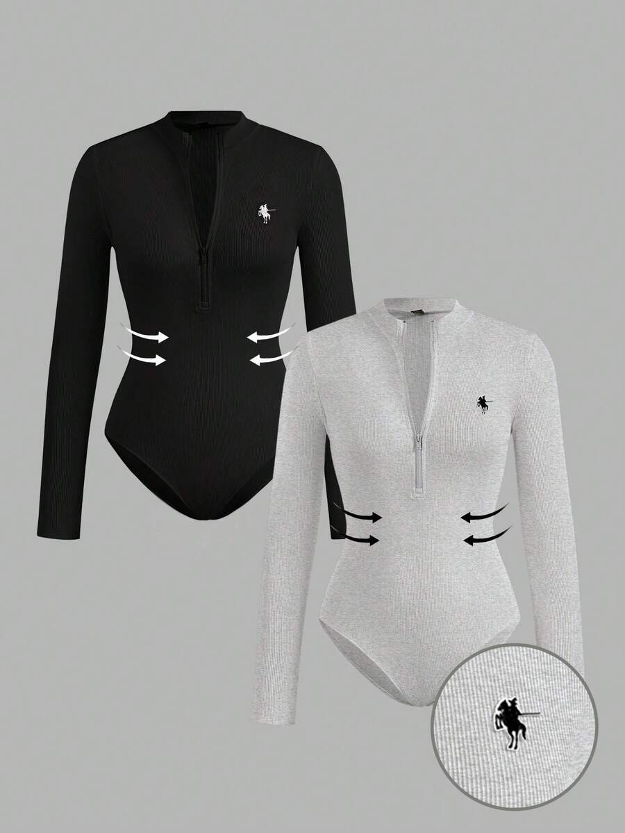 SHEIN EZwear 2件装女士拉链高领紧身连体衣,绣有小马图案,休闲长袖 - 彩色 - 查看 1