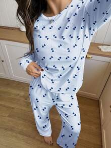 SHEIN Leap Crew Retro süß super niedlich Mini gestreift Herz Muster, Rosa, College-Chic entspannter Vibe, Ballerina Stil, Dopamin, Teenager Mädchen Herbst/Winter Rundhals Raglanärmel T-Shirt und kariertes Muster locker sitzende Lässig Pyjama Hose 2 Stücke Set, gemütliche Saison, Weihnachtsstimmung, Weihnachtsgeschenke, einfacher Komfort, stilvolle Mädchen, Lässig Wear, neuer Stil, Herbst neuer Stil, Wintermode - Verschiedenfarbig - Übersicht 2