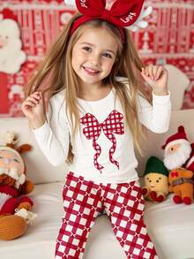 SHEIN 奶油白底甜美圣诞红格子蝴蝶结印花，少女休闲简约保暖舒适长袖上衣和打底裤睡衣套装，修身剪裁，适合秋冬季穿着 - 彩色 - 查看 5
