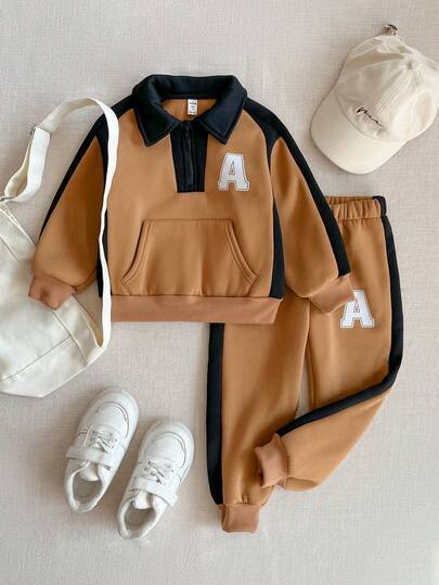 PrepCrw 2pcs/Set Boys' Collegiate Style Letter Print Contrast Color Polo Collar Long Sleeve Sweatshirt And Sweatpants Set