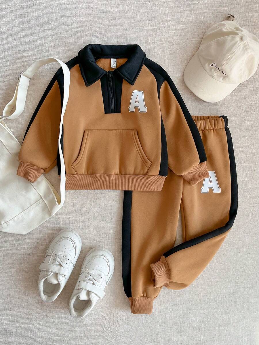 PrepCrw 2pcs/Set Boys' Collegiate Style Letter Print Contrast Color Polo Collar Long Sleeve Sweatshirt And Sweatpants Set - Khaki - View 1