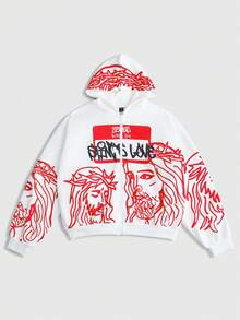 ROMWE MEN Street Life Sudadera con capucha, cremallera y manga larga con estampado de retrato y letras para hombre - Multicolor - Ver 3