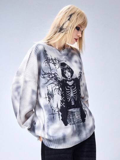 Grunge Punk Y3k Cyber Symbol & Anime Character Print Distressed Wash Loose Fit Women Pullover Sweater