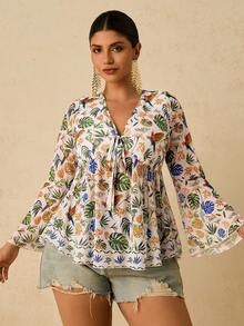 SHEIN VCAY ملابس علوية نسائية كبيرة الحجم بطبعة المحيط، كم طويل، رقبة على شكل حرف V، ربطة خصر، قصة A-line، ملابس علوية مناسبة للعطلات والأجواء الاستوائية والشاطئ، موضة المنتجعات والطراز البوهيمي الأنيق للمقاسات الكبيرة - متعدد الألوان - مشاهدة 4