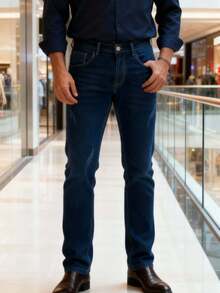 Nuevo 2025, ropa masculina de alta calidad, proceso de corte con cuchillo de lavado de agua, azul medio, azul claro, azul oscuro, jeans casuales de cintura media y recta, viajes de negocios casuales diarios, primavera, otoño e invierno, conferencias de negocios, esenciales - Azul oscuro lavado - Ver 1