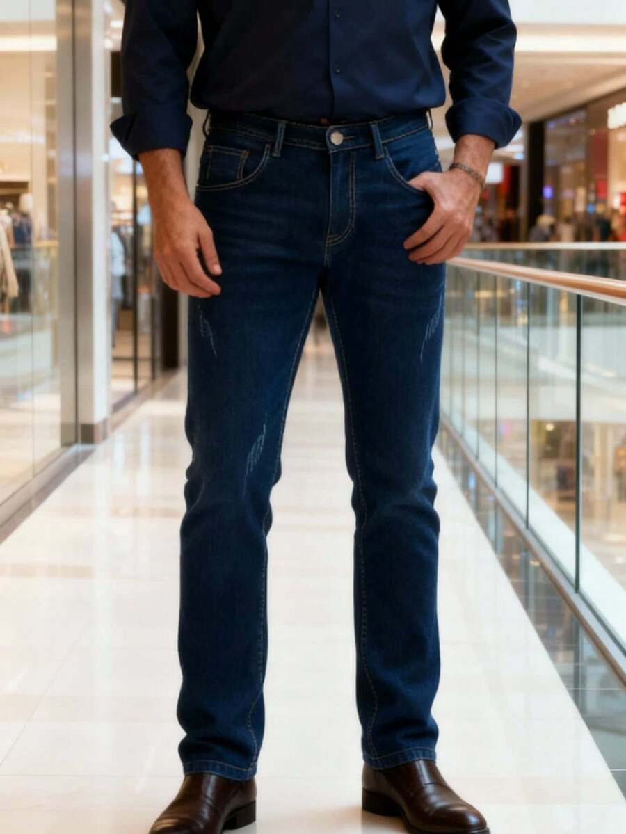 Nuevo 2025, ropa masculina de alta calidad, proceso de corte con cuchillo de lavado de agua, azul medio, azul claro, azul oscuro, jeans casuales de cintura media y recta, viajes de negocios casuales diarios, primavera, otoño e invierno, conferencias de negocios, esenciales - Azul oscuro lavado - Ver 1