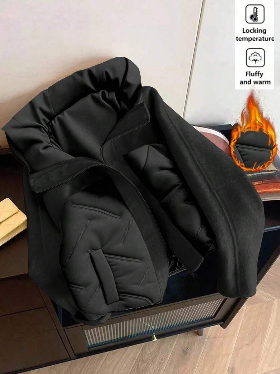 Franclia Abrigo acolchado con capucha corto de mujer de uso diario versátil y casual con parches gruesos, otoño/invierno - Negro - Ver 1