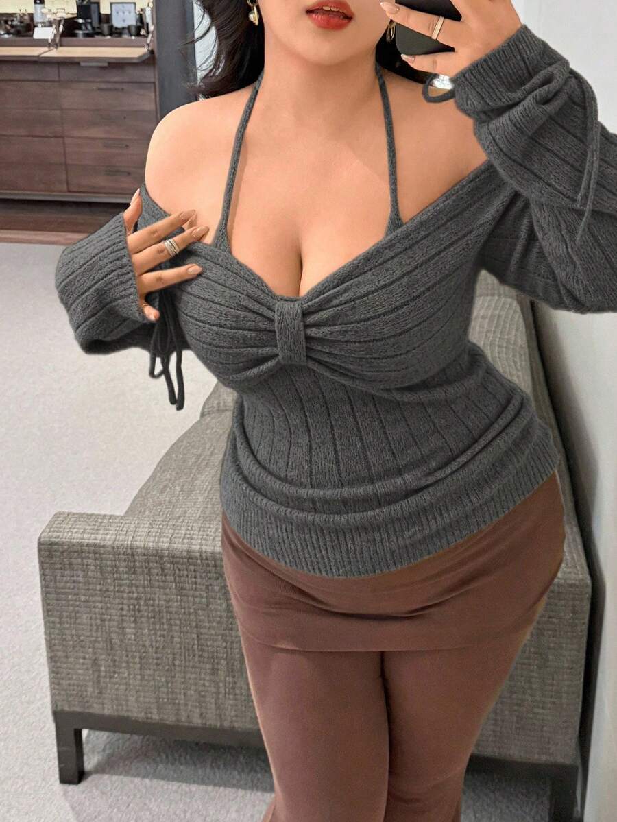 Vibekara Autumn/Winter Bowknot Drawstring Tie Design High-End Apricot Pullover Sweater - Grey - View 1