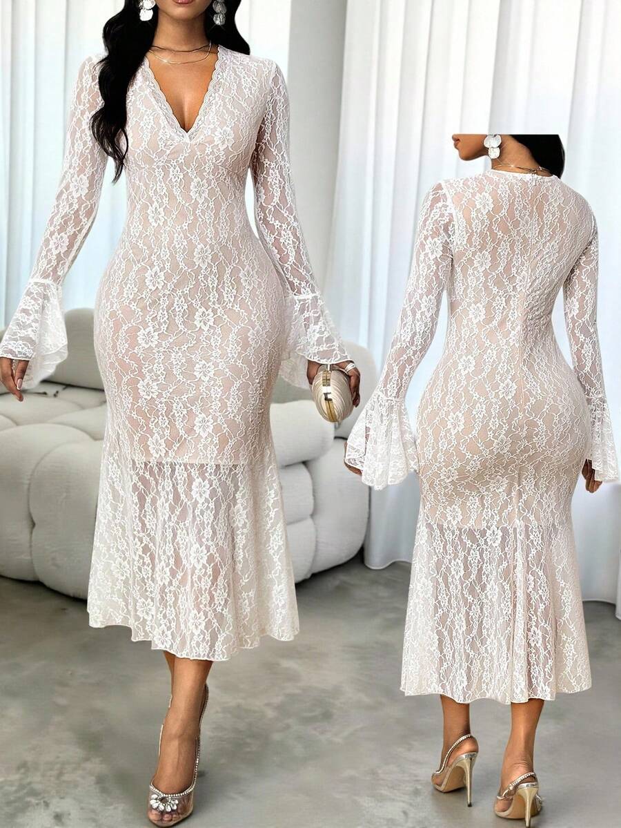 SHEIN Lady Women's Elegant Sheer Lace V-Neck Flare Sleeve Mermaid Hem Fitted Dress,Beige,Autumn,Elegant,Wedding Guest Luxury Evening Party Wedding Guest Dresses - White - View 1