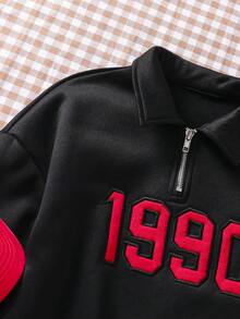 Sudadera tipo polo de estilo callejero casual con bordado de la letra "1990" en texto rojo retro para niñas preadolescentes - Negro - Ver 7
