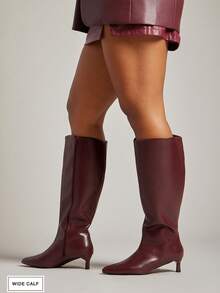 SHUZIA بوت نسائية طويلة الساق ذات كعب قطة مريحة وبسيطة وجذابة بأصبع قدم مدبب من البولي يوريثان - عنابي اللون - مشاهدة 4