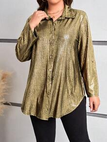 SHEIN Clasi 大码全印花前开襟纽扣优雅长袖衬衫 - 金色 - 查看 3