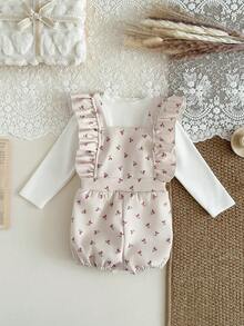 SHEIN Baby Girl 2pcs/Set Fall Outfits For Girl Casual Daily Style Loose Suit, Long Sleeves Basic Top&Heart-Printing Bodysuits - Apricot - View 9