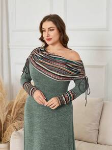 Lacomfia Plus Size Women Oblique Shoulder Long Sleeve Colorful Striped Patchwork Ruched Waist A-Line Dress