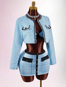 Amplova 优雅的牛奶蓝色格子羊毛短款上衣，撞色紧身吊带背心文胸上衣和撞色迷你裙 3 件套 - 藍色 - 查看 6