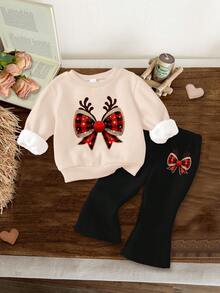 Baby Girl Christmas Beige,Autumn,Cute,Birthday Series Glitter Reindeer&Bow Print Long Sleeve Sweatshirt&Flared Winter Pants Set,Soft Warm Outfit - Multicolor - View 2
