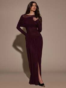 SHEIN BAE Đầm dài tay xếp ly màu trơn thanh lịch dành cho nữ - Màu tím - Xem 5