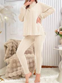 SHEIN 酒红色纯色纹理针织立领上衣和打底裤休闲睡衣套装 - 杏色 - 查看 6