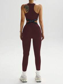 Dewbera Tuta da donna per attività sportive, scollo a U, vita elastica, schiena incrociata, lunghezza 3/4, adatta per uso quotidiano, running, yoga, palestra