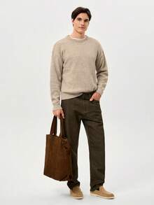 RONVEXI Men's Casual Everyday Commute Simple Solid Color Drop Shoulder Loose Knit Sweater, Autumn/Winter, Long Sleeve Top - Khaki - View 5