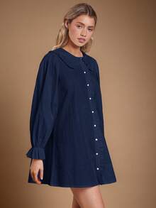 WESTFADE Đầm chữ A mini tay dài, cổ bèo nhún 100% cotton, cài nút, dễ thương, thường ngày, trang phục mùa thu, trang phục hòa nhạc đồng quê, mùa thu, mùa đông, phong cách Boho, trang phục phương Tây - Màu xanh hải quân - Xem 5