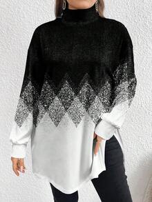 EMERY ROSE Maglietta a collo alto a maniche lunghe da donna con stampa a rombi sfumati e glitter, stile minimalista casual, adatta per autunno, primavera/autunno, autunno/inverno, Natale, colori nero e bianco, taglie comode - Multicolore - Visualizzare 4