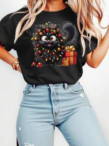 EMERY ROSE Christmas Black Cat & Lighting Graphic Round Neck Short Sleeve Fashionable Plus Size T-Shirt Halloween - Black - View 1