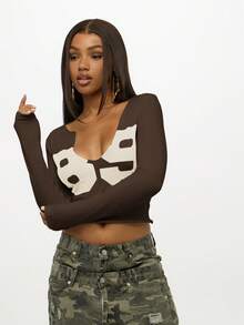 SUMWON WOMEN Áo crop top tay dài cổ tròn in hình con bò thiết kế ngực cho trang phục thường ngày mùa thu đông - Màu nâu Sô-cô-la - Xem 4