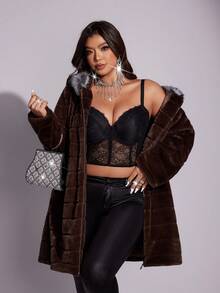 SHEIN LUNE 冬季大码女式仿毛领连帽夹克 - 咖啡棕 - 查看 1