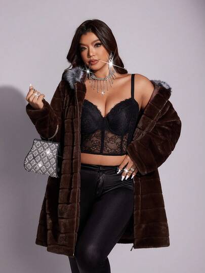 SHEIN LUNE Plus Size Women Faux Fur Collar Hooded Jacket, Winter