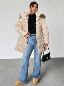 Firerie 加大码休闲连帽毛绒双色便帽，黑色腰带金属扣腰带，长袖厚棉质加厚外套，适合徒步旅行和滑雪，秋冬季