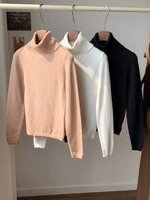 SHEIN LUNE 3pcs/Set Sweater Rajut Leher Tinggi Nyaman Warna Putih, Hitam, Krem, Musim Gugur/Dingin - MultiWarna - View 4