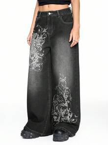 ROMWE Grunge Punk 宽松版型做旧复古超大款十字藤蔓印花女式牛仔裤 - 黑色 - 查看 5