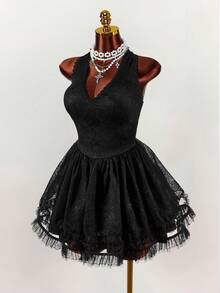 Y2K Amplova Romantic Vintage Black Boho V-Neck Sexy Waist A-Line Plus Size Dress Gothic Vampire Dress Black Semi Formal Dress Punk Dress - Black - View 3