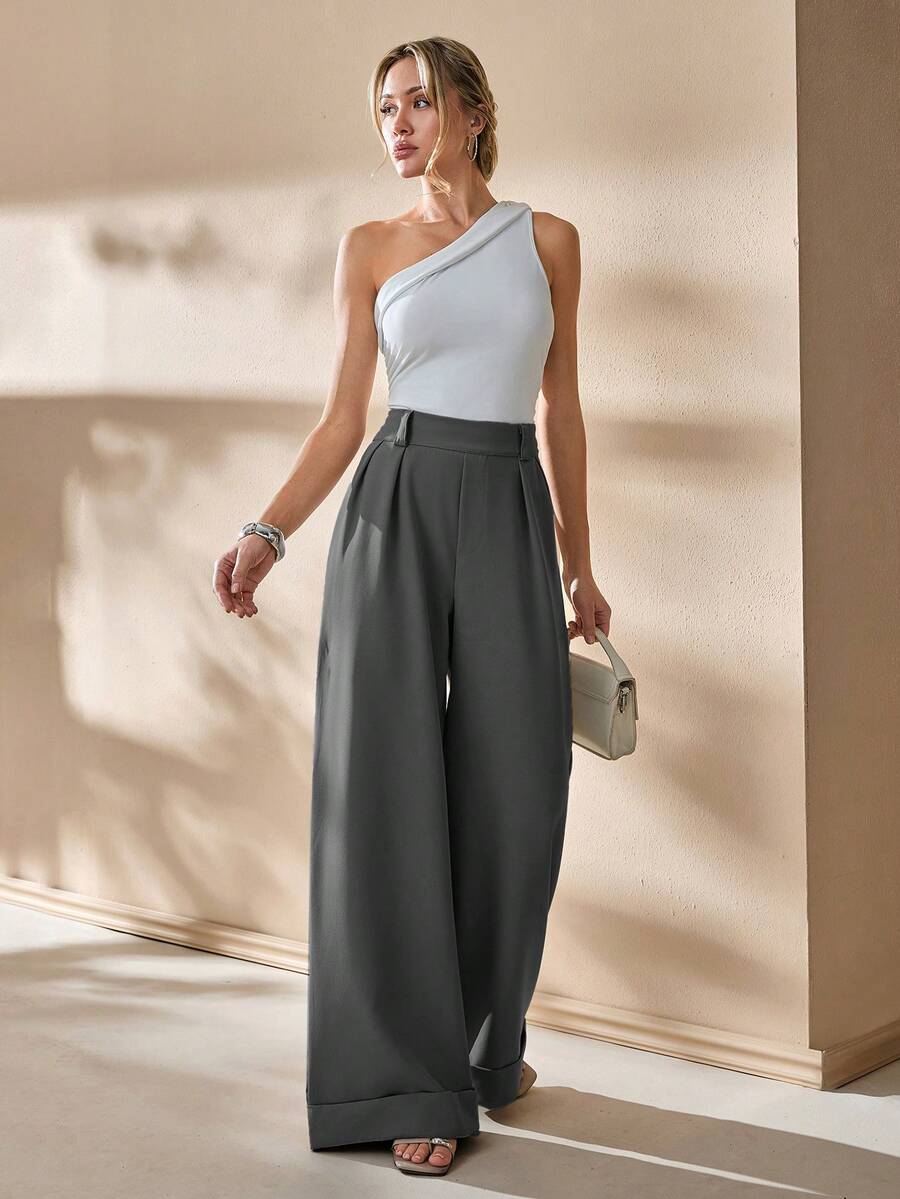 CLARA VERO Women Solid Color High Waist Wide Leg Pants - Dark Grey - View 1