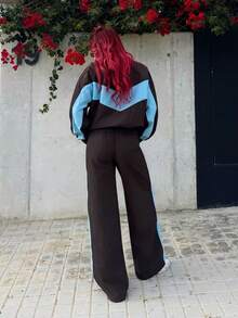 Bearsaez Drawstring Waist Nylon Contrast Panel Wide Leg Tracksuit Bottoms Only Spring Airport, Casual The Book Shop Christmas Fall Autumn Winter - Brown - View 2