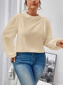 SHEIN Privé Plus Size Women Elegant Commuting Office Versatile Stand Collar Ruched Shoulder Long Sleeve Puff Sleeve Blouse, Autumn/Winter - Beige - View 3