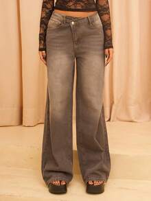 Rayane Ketlyn Women's Thick Denim Wide Leg Pants With Slanted Front Pocket, Blue - Grey - View 3