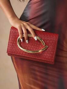 SHEIN SXY Ladies, Women Clutchs, Crossbody Bags, Fashionable, Elegant, Simple, Personalized, Versatile, Classic, Woven Embossed Pu, Large Hardware Buckle Decoration, For Commute, Office, Date, Daily, Shopping, Afternoon Tea - Crimson - View 7