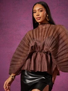 Vixey Sheer Mock Neck Long Sleeve Peplum Hem Pleated Textured Organza Top - Brown - View 5