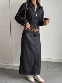 Livesso Women's Casual Denim Suit - Collared Top And Straight Skirt, Autumn/Winter - Blue - View 6