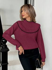 Elenzga Jersey de mujer elegante con dobladillo de volantes y ribete de contraste - Morado - Ver 6