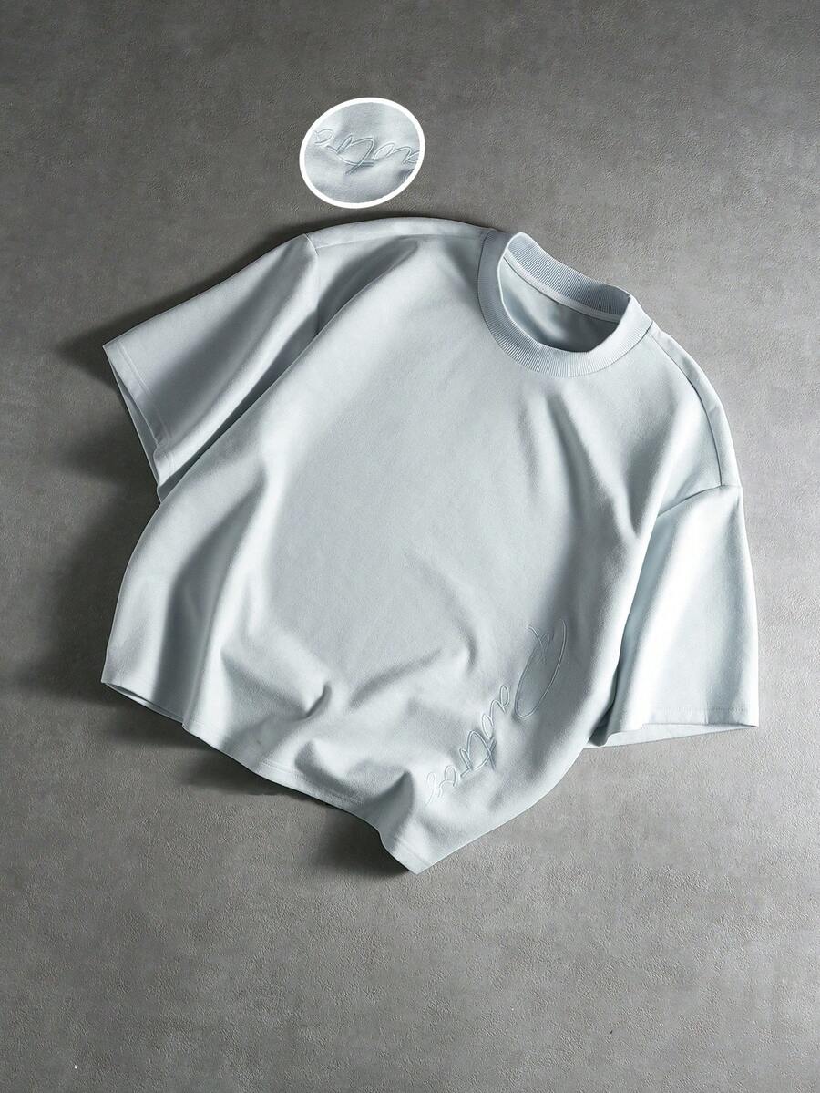 PAVTROS 男士字母刺绣圆领休闲宽松短袖T恤 - 灰色 - 查看 1